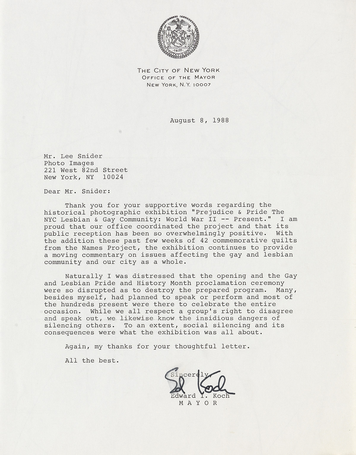 EDWARD I. KOCH (1924-2013)  Typed Letter Signed, Ed Koch, as Mayor of New York City,